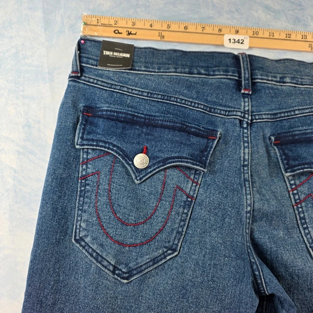 True Religion Ricky Relaxed Straight Jeans Blue Red Horseshoe Stitching Mens‎ 34